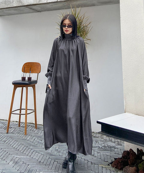 Glossy Gathered High Neck Dress
